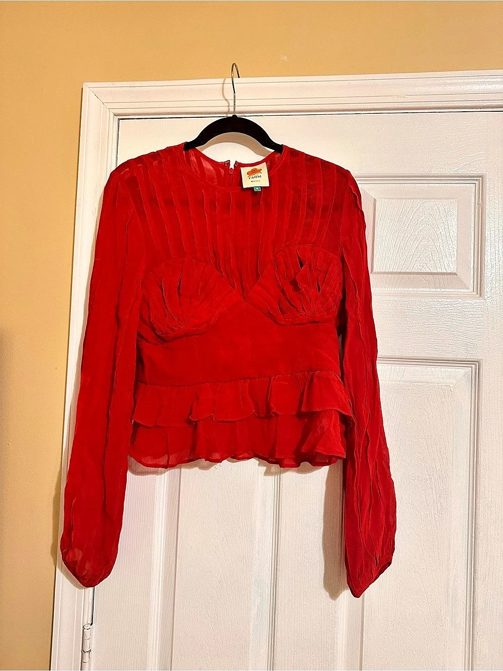 Farm Rio Red Pleated Long Sleeve Blouse Size Medium